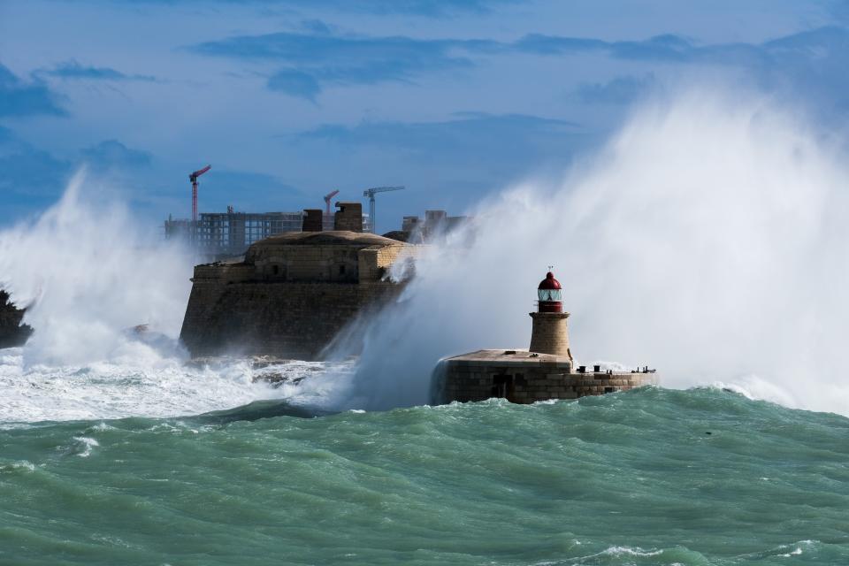 High waves pound the coast in Valletta, Malta.