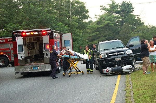 A motorcyclist was struck and seriously injured in Centerville at the intersection of Old Stage Road and Old Falmouth Road yesterday. The names of the biker and the motorist were not released.