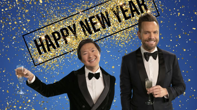 Fox's New Year's Eve Toast & Roast 2021 -- Fox TV Special, FOX'S NEW YEAR'S EVE TOAST & ROAST 2021: L-R: Ken Jeong and Joel McHale are teaming up to "Toast & Roast" all that was 2020 during the most anticipated New Year's Eve of all time! Ken Jeong, from FOX's THE MASKED SINGER, I CAN SEE YOUR VOICE and THE MASKED DANCER, and comedian and actor Joel McHale kiss 2020 goodbye as they co-host FOX'S NEW YEAR'S EVE TOAST & ROAST 2021. Jeong and McHale will commemorate the past year from coast-to-coast with a live, three-and-a-half-hour "Toast & Roast" to 2020. FOX'S NEW YEAR'S EVE TOAST & ROAST 2021, PART ONE airs Thursday, Dec. 31 (8:00-10:00 PM ET/CT live MT/PT tape-delayed), and FOX'S NEW YEAR'S EVE TOAST & ROAST 2021, PART TWO airs Thursday, Dec. 31 (11:00 PM-12:30 AM ET live, CT/MT/PT tape-delayed). Ken Jeong, left, and Joel McHale in "Fox's New Year's Eve Toast & Roast 2021 " on Fox.