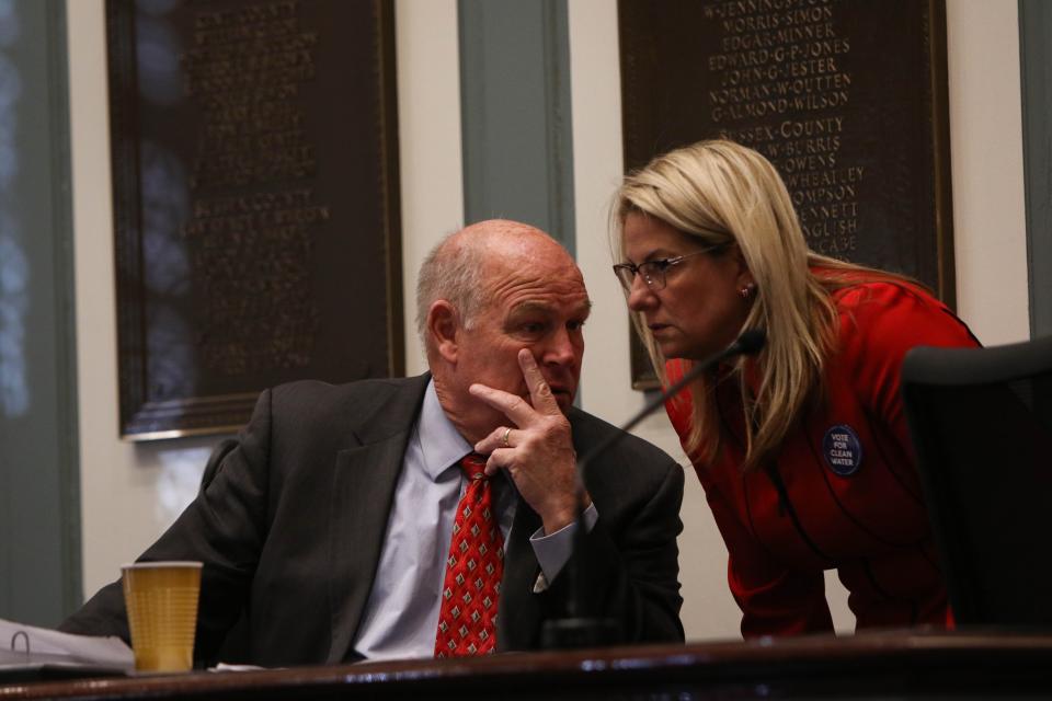 House Speaker Pete Schwartzkopf, D-Rehoboth Beach, (left) and House Majority Leader Valerie Longhurst, D-Bear, talk in Dover's Legislative Hall during the 2020 session.