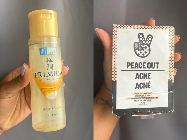 Hada Labo Gokujyun premium lotion; Peace Out salicylic acid acne-healing dots