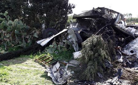 The wreckage of a Libyan military plane that crashed near Grombalia town, south of Tunis, is seen February 21, 2014. REUTERS/Anis Mili