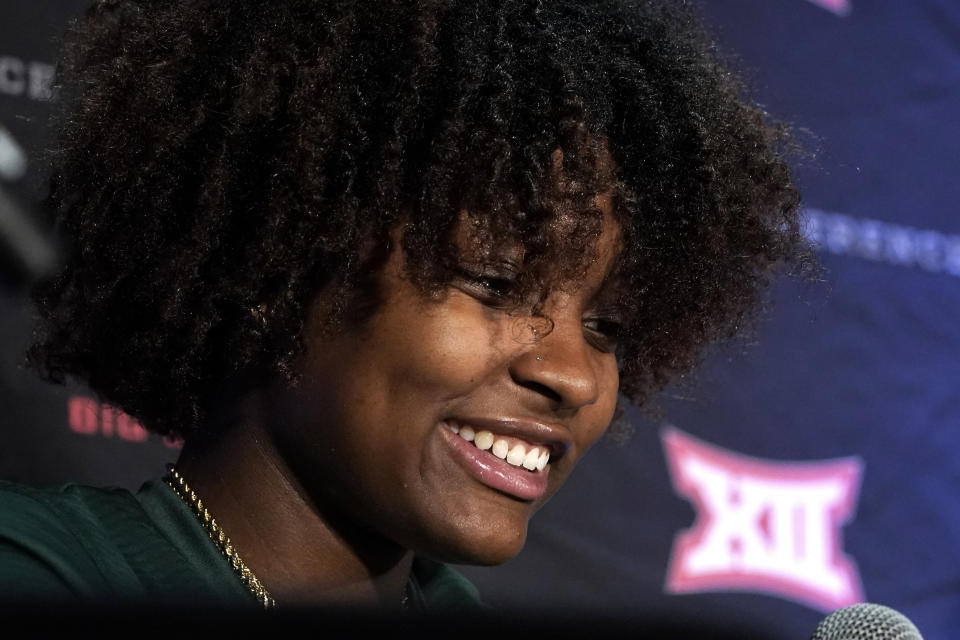 Baylor forward NaLyssa Smith speaks during the Big 12 NCAA college basketball media days Tuesday, Oct. 19, 2021, in Kansas City, Mo. (AP Photo/Ed Zurga)