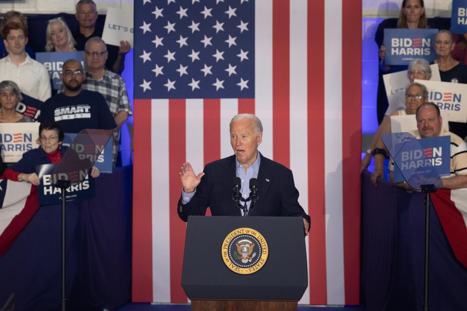 President Joe Biden speaks to supporters during a campaign rally at Sherman Middle School in Madison, Wis., on July 05, 2024.