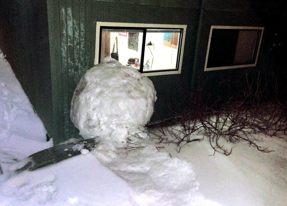 This Feb. 8, 2014 image provided by Reed College shows a large snowball that crashed into a Grove Quad dormitory at Reed College in Portland, Ore. The crash ripped a wall off its studs and narrowly missed a window. No one was injured in the collision. College officials say the ball was some 40 inches in diameter and weighed from 800 to 900 pounds.(AP Photo/Reed College)