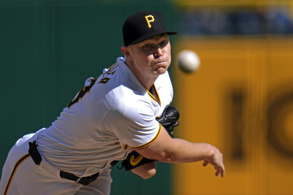 Pittsburgh Pirates starting pitcher Mitch Keller delivers during the first inning of the team's baseball game against the Boston Red Sox in Pittsburgh, Saturday, April 20, 2024. (AP Photo/Gene J. Puskar)