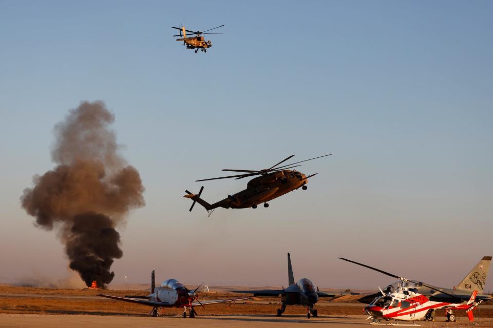 An Israeli Air Force Sikorsky CH-53 helicopter flies during an aerial demonstration at a graduation ceremony for Israeli Air Force pilots at the Hatzerim air base in southern Israel, June 24, 2021.