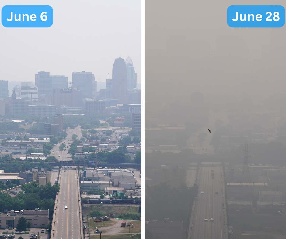 A side-by-side comparison of the air quality in Cincinnati on June 6 and June 28.