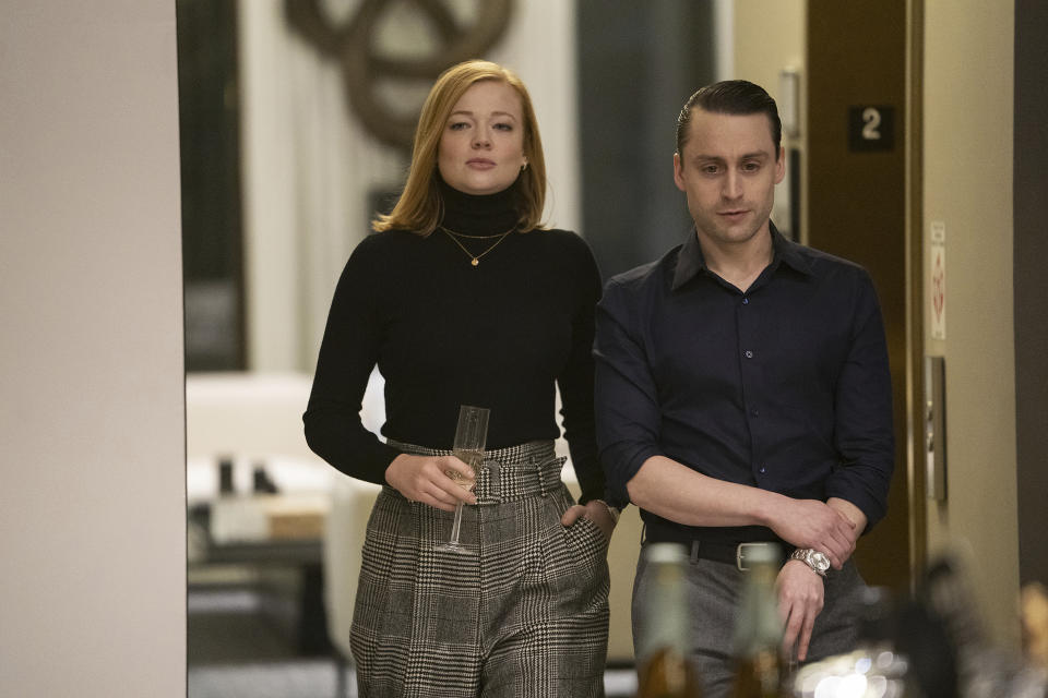 This image released by HBO shows Sarah Snook, left, and Kieran Culkin in a scene from "Succession." (HBO via AP)