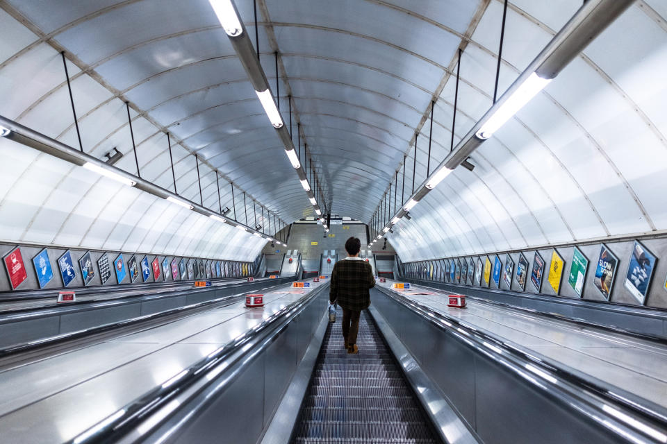 LONDON, UNITED KINGDOM - 2021/01/18: A man seen alone on the subway escalator in London. (Photo by May James/SOPA Images/LightRocket via Getty Images)