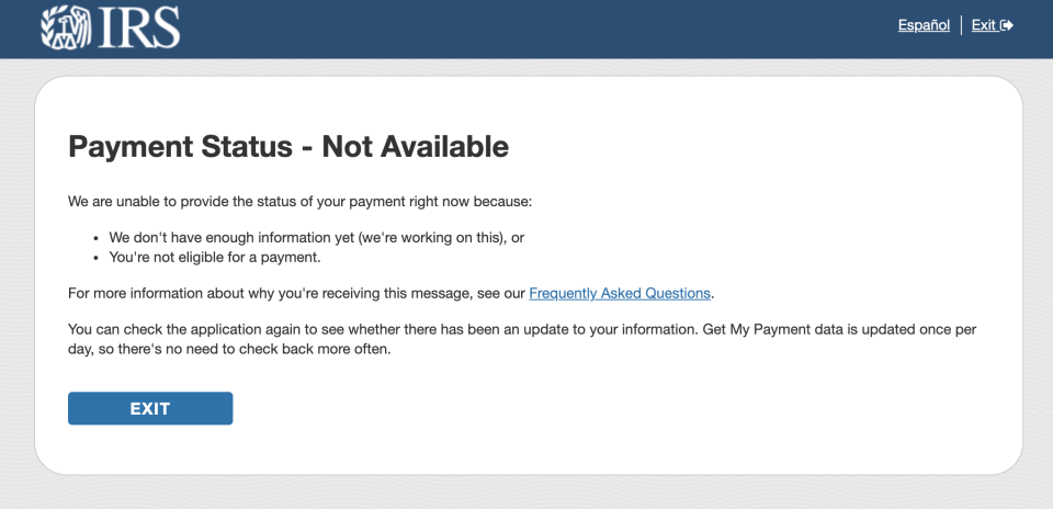 The ‘Get My Payment App’ tool shows a “Payment Status Not Available” response. Photo: Yahoo Finance