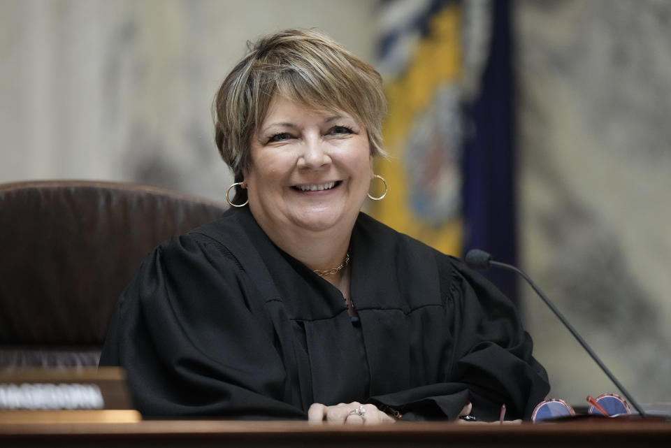 FILE - Wisconsin Supreme Court Justice Janet Protasiewicz, who is being targeted for possible impeachment by Republican lawmakers because of donations she received from the Democratic Party and comments she made during her campaign, attends her first hearing as a justice Thursday, Sept. 7, 2023, in Madison, Wis. (AP Photo/Morry Gash, File)