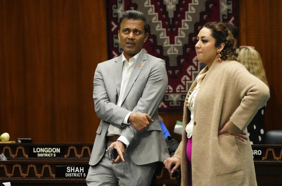 Rep. Amish Shah (L) during a session at the Arizona state Capitol in Phoenix on March 21, 2023.