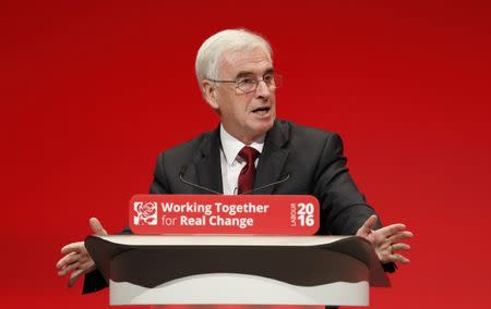 Britain's shadow Chancellor of the Exchequer, John McDonnell, delivers his keynote speech the annual Labour Party conference, in Liverpool, Britain September 26, 2016. REUTERS/Darren Staples