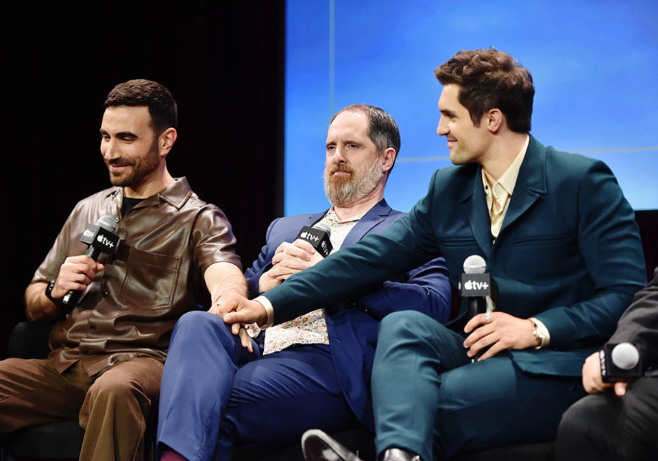 (L-R) Brett Goldstein, Brendan Hunt and Phil Dunster speak onstage during "Ted Lasso" Day at The Think Apple TV+ FYC Space at Goya Studios on May 01, 2023 in Los Angeles, California.