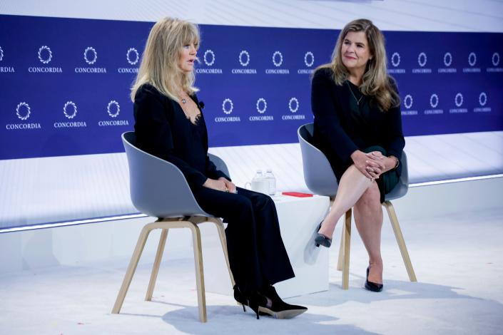 Goldie Hawn, actress and founder of MindUP and The Goldie Hawn Foundation, and Nicole Carroll, president of News and editor-in-chief of USA TODAY, speak on stage during the 2022 Concordia Annual Summit on Sept. 20, 2022, in New York City.