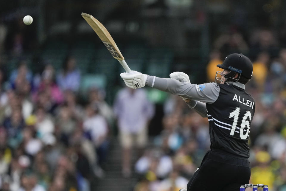 New Zealand's Finn Allen bats during the T20 World Cup cricket match between Australia and New Zealand in Sydney, Australia, Saturday, Oct. 22, 2022. (AP Photo/Rick Rycroft)