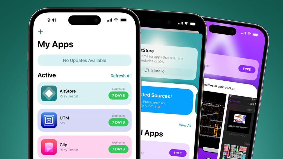 Three iPhones on a green background showing AltStore