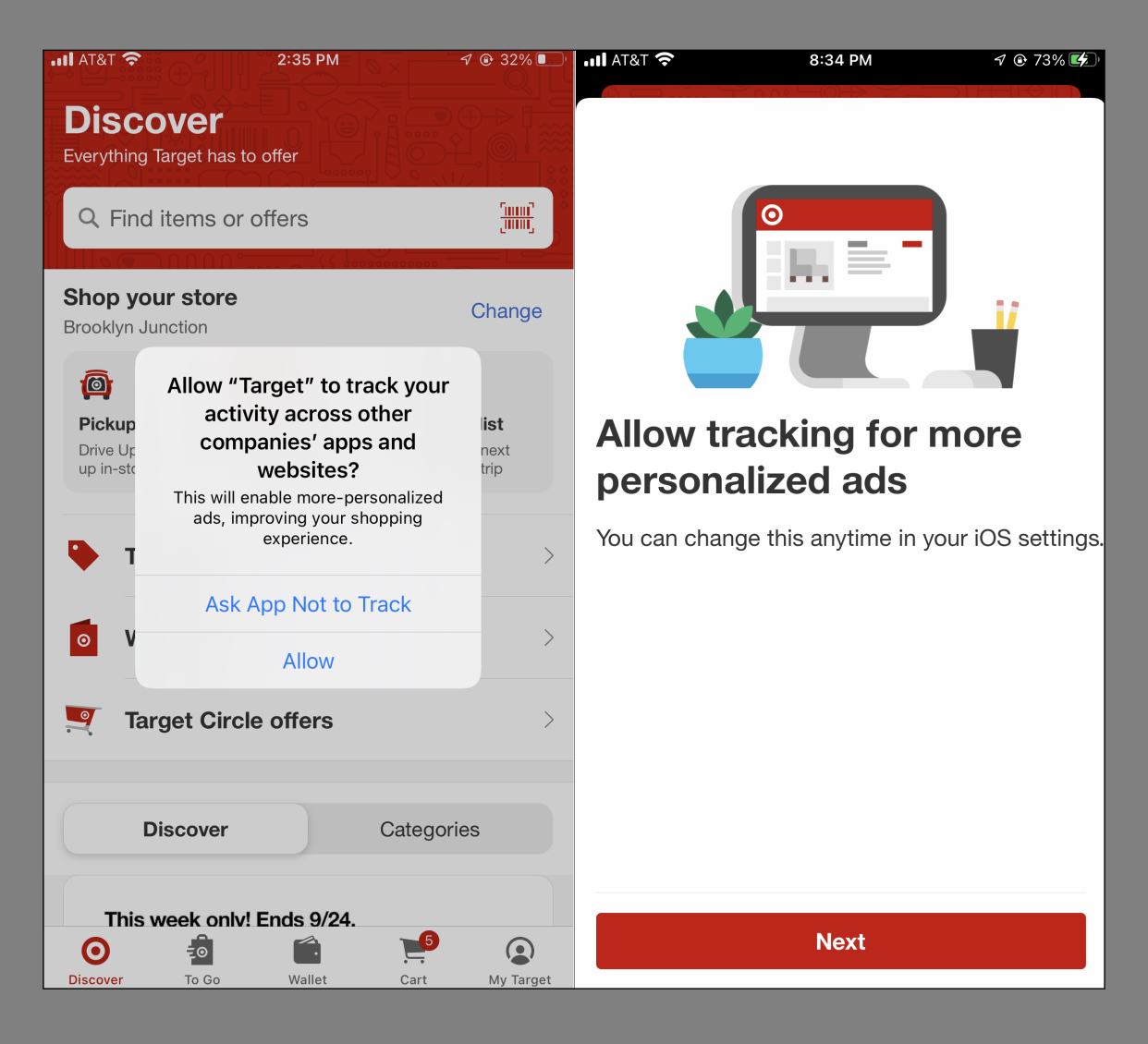 Messages on the Target app encouraging users to allow tracking. (Target)