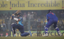 Sri Lanka's captain Dasun Shanaka plays a shotduring the first one-day international cricket match between India and Sri Lanka in Guwahati, India, Tuesday, Jan. 10, 2023.(AP Photo/Anupam Nath)