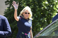 US First Lady Jill Biden waves after meeting military surfers in Newlyn, Cornwall, England, on the sidelines of the G7 summit, Saturday June 12, 2021. US First Lady Jill Biden met with veterans, first responders and family members of Bude Surf Veterans, a Cornwall-based volunteer organization that provides social support and surfing excursions for veterans, first responders and their families. (Daniel Leal-Olivas/Pool via AP)