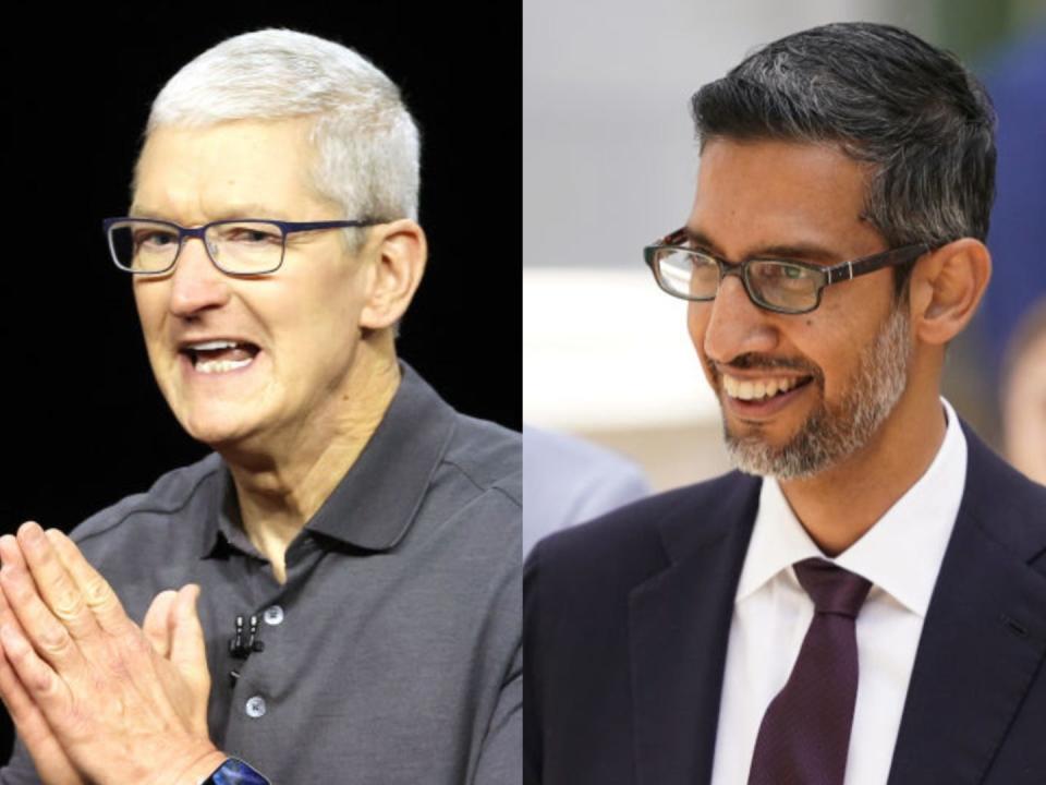 Google pays Apple a whopping 36% of search revenue it gets when people use Safari, an Alphabet attorney divulged in court. Tim Cook and Apple are apparently raking it in from Sundar Pichai and Google. - Copyright: Justin Sullivan / Nathan Howard/ Getty