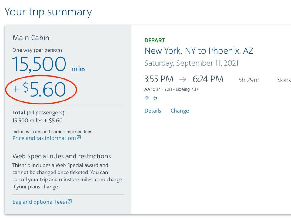 A screenshot from American Airlines' website