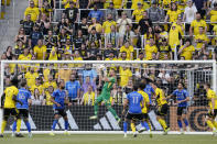 CF Montréal goalkeeper Jonathan Sirois (40) makes a save during the first half of the team's MLS soccer match against the Columbus Crew on Saturday, April 27, 2024, in Columbus, Ohio. (AP Photo/Jeff Dean)