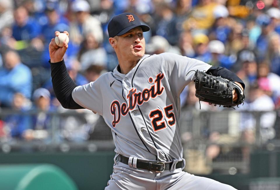 Detroit Tigers starting pitcher Matt Manning (25) delivers a pitch during the first inning against the Kansas City Royals at Kauffman Stadium in Kansas City, Missouri, on Saturday, April 16, 2022.