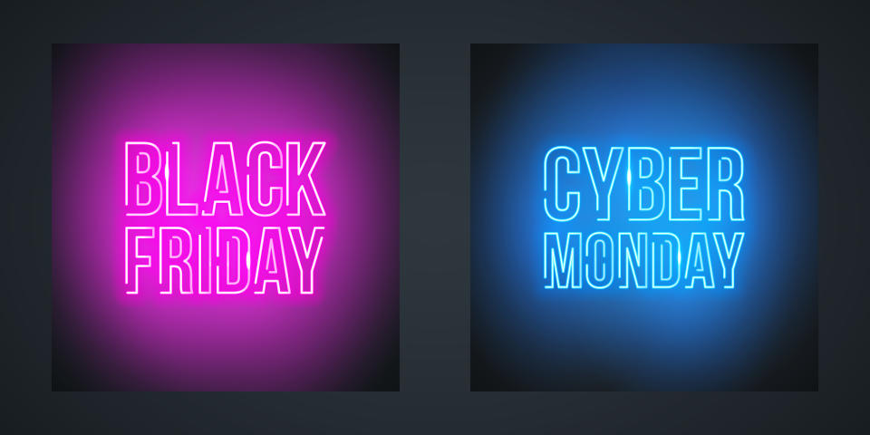 Black Friday Sale and Cyber Monday Sale neon promotional signs for sale promotion. Vector illustration.