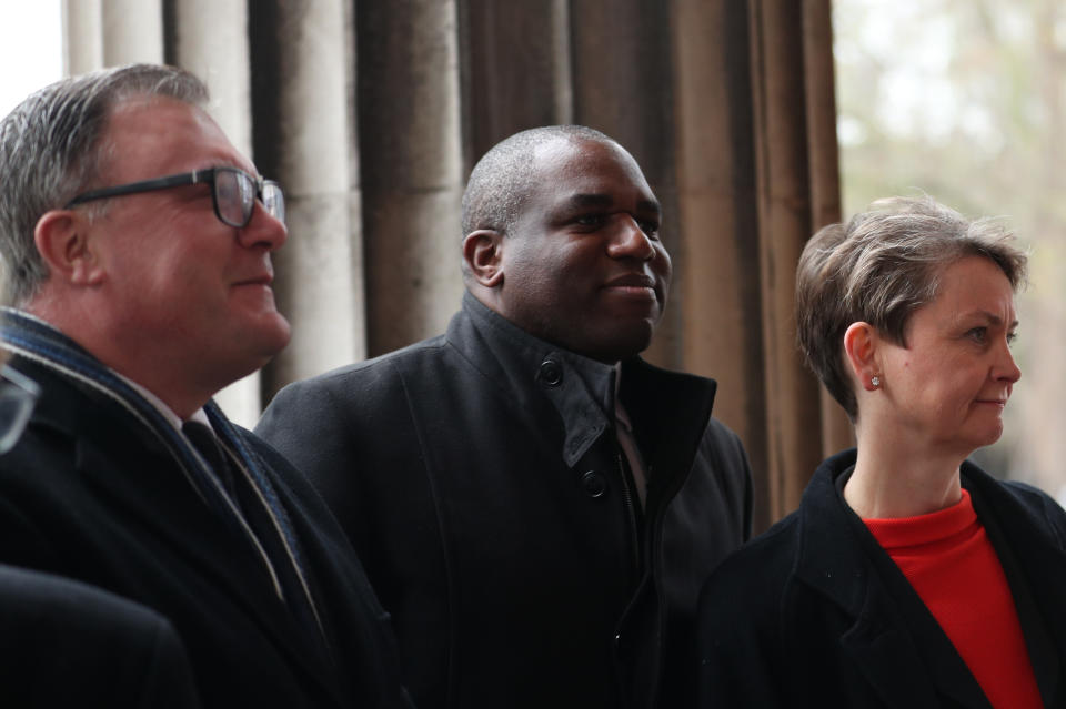 Ed Balls and his wife Yvette Cooper arrive with David Lammy (centre), arrive for the funeral of Frank Dobson at St Pancras Church in London. (Photo by Yui Mok/PA Images via Getty Images)