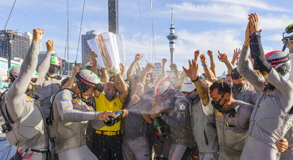 Italy's Luna Rossa celebrate after winning the regatta that decide how faces defending champions Team New Zealand in the 36th America's Cup © COR 36 | Studio Borlenghi