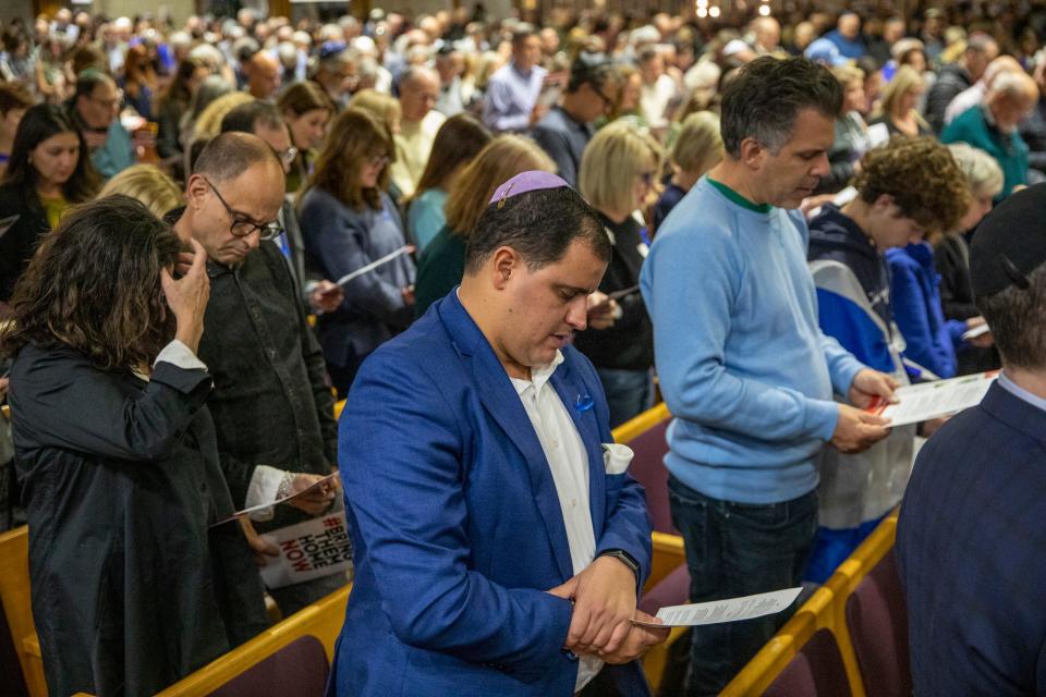 Shimon Levy sings the Hatikvah during a Jewish community gathering at Adat Shalom Synagogue in Farmington Hills, on Tuesday, Nov. 7, 2023.