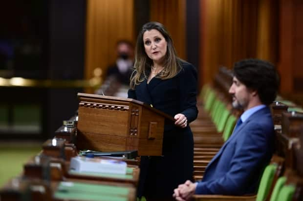 Federal Finance Minister Chrystia Freeland delivers the federal budget in the House of Commons as Prime Minister Justin Trudeau looks on in Ottawa on Monday. (Sean Kilpatrick/The Canadian Press - image credit)