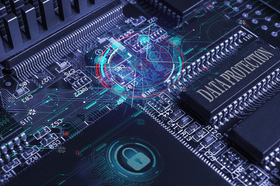 printed circuit board with active and passive surface mounted components close up. Cyber security concept