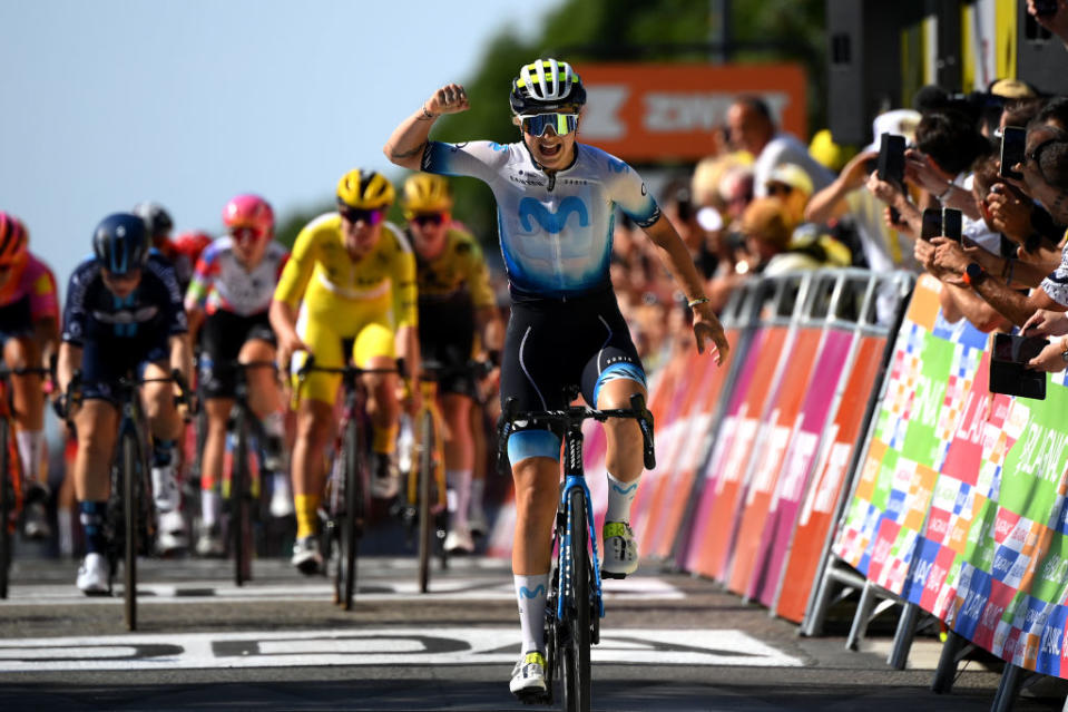 BLAGNAC FRANCE  JULY 28 Emma Norsgaard of Denmark and Movistar Team celebrates at finish line as stage winner during the 2nd Tour de France Femmes 2023 Stage 6 a 1221km stage from Albi to Blagnac  UCIWWT  on July 28 2023 in Blagnac France Photo by Alex BroadwayGetty Images