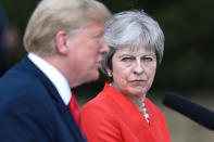 <p>Prime Minister Theresa May and U.S. President Donald Trump attend a joint press conference following their meeting at Chequers on July 13, 2018 in Aylesbury, England. (Photo: Jack Taylor/Getty Images) </p>