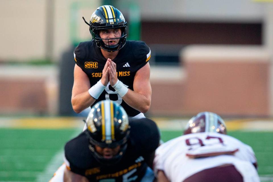 Southern Miss Golden Eagles quarterback Billy Wiles (8) prepares for the snap during a game against Texas State at M.M. Roberts Stadium in Hattiesburg on Saturday, Sept. 30, 2023.
