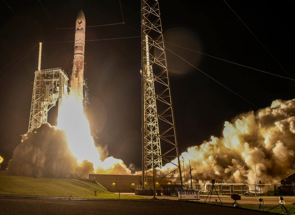 A United Launch Alliance Vulcan rocket lifts off Monday from Cape Canaveral Space Force Station This is the inaugural launch of the rocket, carrying Astrobotic's lunar lander.