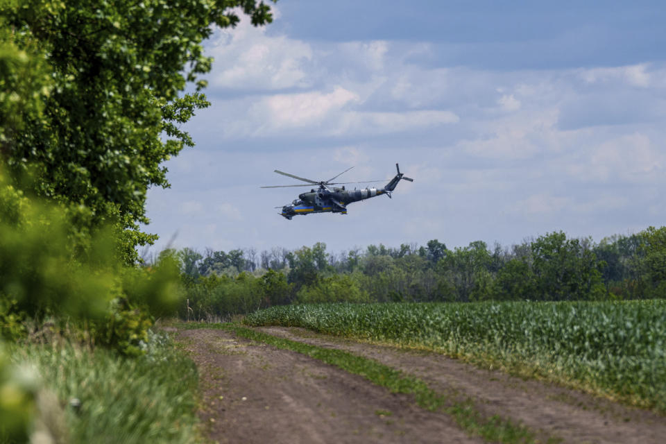 A Ukrainian Mi-24 helicopter returning from a combat operation at the front line in Ukraine’s Kharkiv region, Sunday, May 19, 2024. (AP Photo/Evgeniy Maloletka)