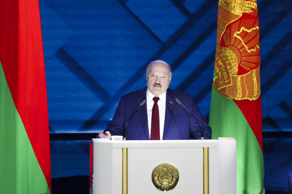 Belarus President Alexander Lukashenko delivers his speech during a state-of-the-nation address in Minsk, Belarus, Friday, Jan. 28, 2022. (Pavel Orlovsky/BelTA Pool Photo via AP)