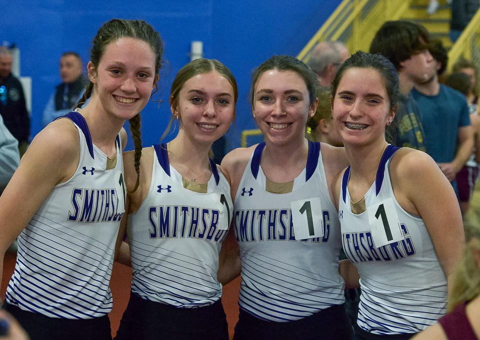 From left, Smithsburg's Cora Gentzel, Taylor King, Kayla Hawbecker and Ella Fisher won the Class 1A girls 4x800 state title.