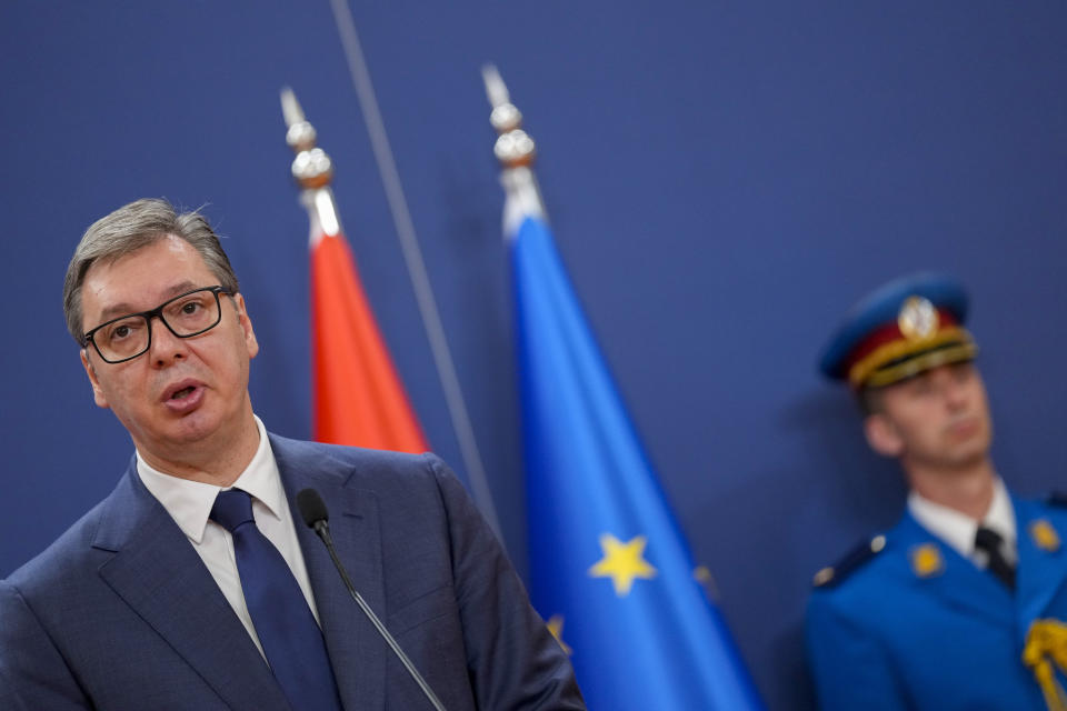 Serbian President Aleksandar Vucic speaks during a press conference after talks with his Montenegran counterpart Jakov Milatovic at the Serbia Palace in Belgrade, Serbia, Monday, July 10, 2023. Milatovic is on a two-day official visit to Serbia. (AP Photo/Darko Vojinovic)