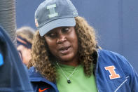 Illinois head coach Tyra Perry is seen during an NCAA college softball game against Northwestern at Eichelberger Field in Urbana, Ill., Wednesday, April 5, 2023. (Robin Scholz/The News-Gazette via AP)