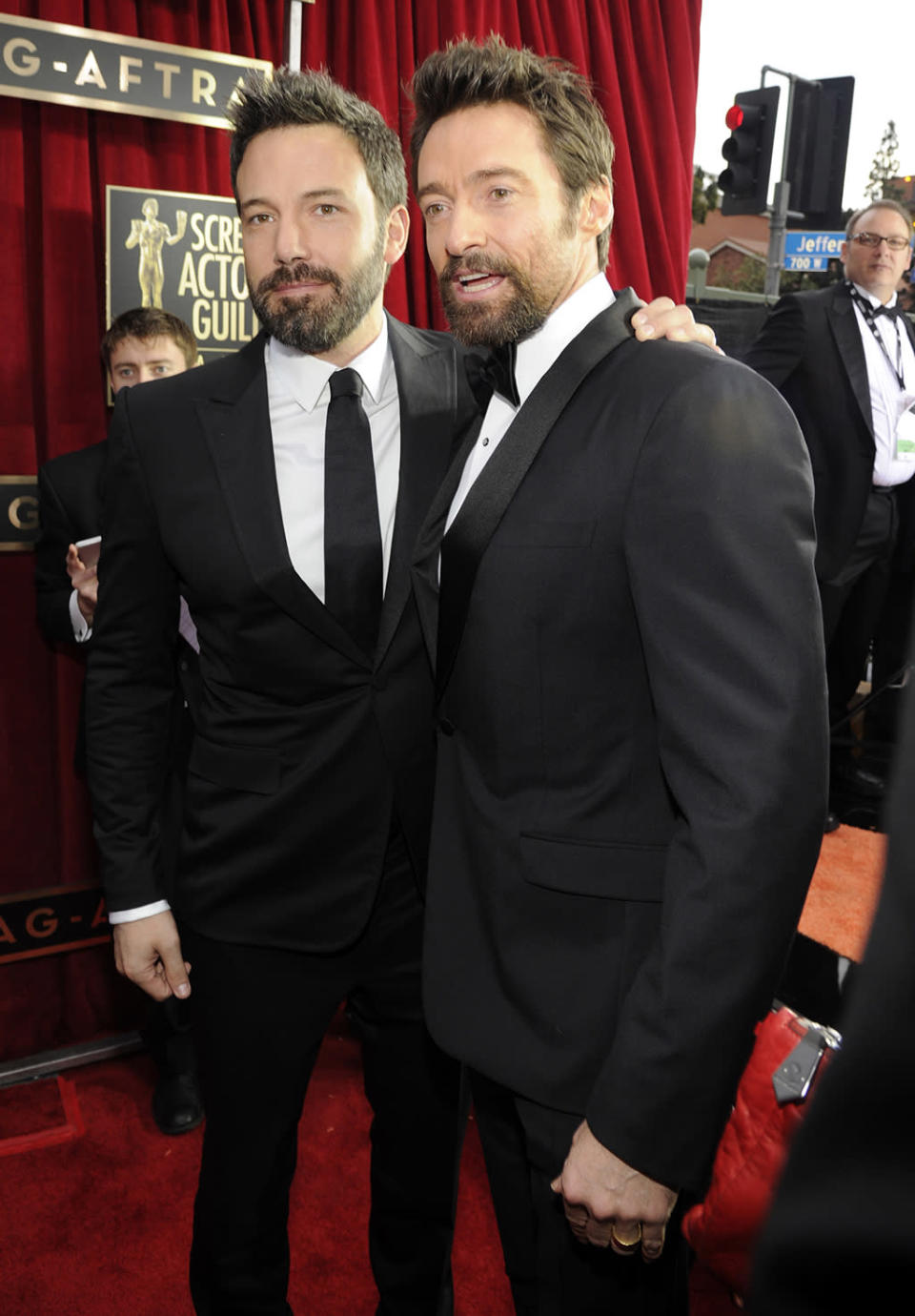 Ben Affleck and Hugh Jackman arrive at the 19th Annual Screen Actors Guild Awards at the Shrine Auditorium in Los Angeles, CA on January 27, 2013.