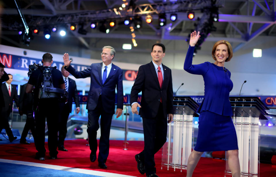 Republican presidential candidates (L-R) Jeb Bush, Scott Walker and Carly Fiorina during the Republican presidential debates at the Reagan Library in Simi Valley on Sept. 16, 2015.