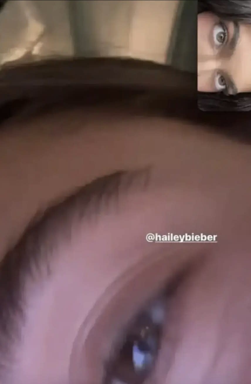 A FaceTime screenshot showing a closeup of Kylie and Hailey's eyes