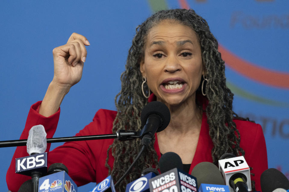 FILE In this March 18, 2021, file photo, civil rights attorney Maya Wiley, a New York City Democratic mayoral candidate, speaks at the National Action Network in New York. Unlike other American cities such as Chicago, Atlanta, New Orleans or San Francisco, New York City has never elected a woman mayor, nor has New York state had a woman governor. (AP Photo/Mark Lennihan, File)