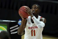 Maryland guard Darryl Morsell shoots a basket against St. Peter's during the first half of an NCAA college basketball game, Friday, Dec. 4, 2020, in College Park, Md. (AP Photo/Julio Cortez)