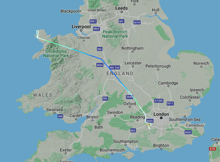 The track taken from FlightRadar24 of an aircraft which took off from an airfield in Surrey, before flying to north Wales where the pilot landed without permission on a closed military runway at RAF Valley "because he wanted to go to the beach". (Photo by FlightRadar24/PA Images via Getty Images)